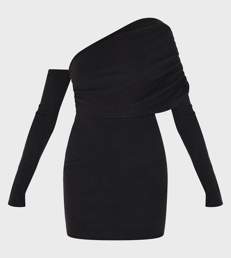 Rib Asymmetric Bardot Long Sleeve Bodycon Dress
