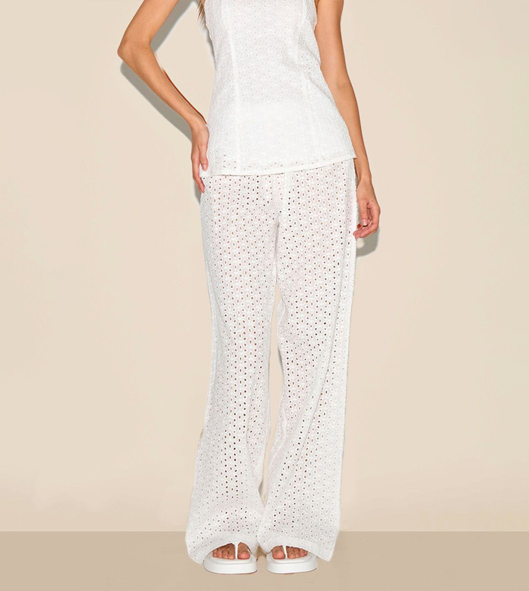 Embroidered Mid Rise Wide Leg Trousers