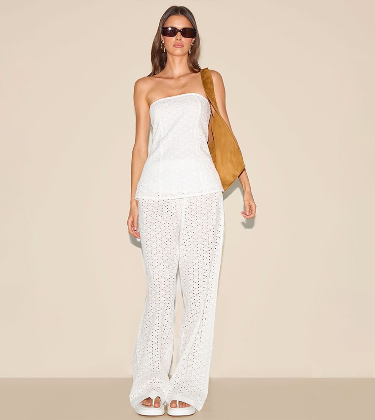 Embroidered Mid Rise Wide Leg Trousers