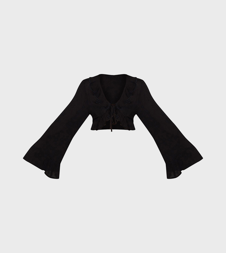 Cheesecloth Ruffle Tie Front Long Sleeves Top
