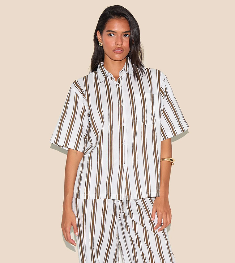 Buy PrettyLittleThing Striped Oversized Linen Look Shirt In Camel