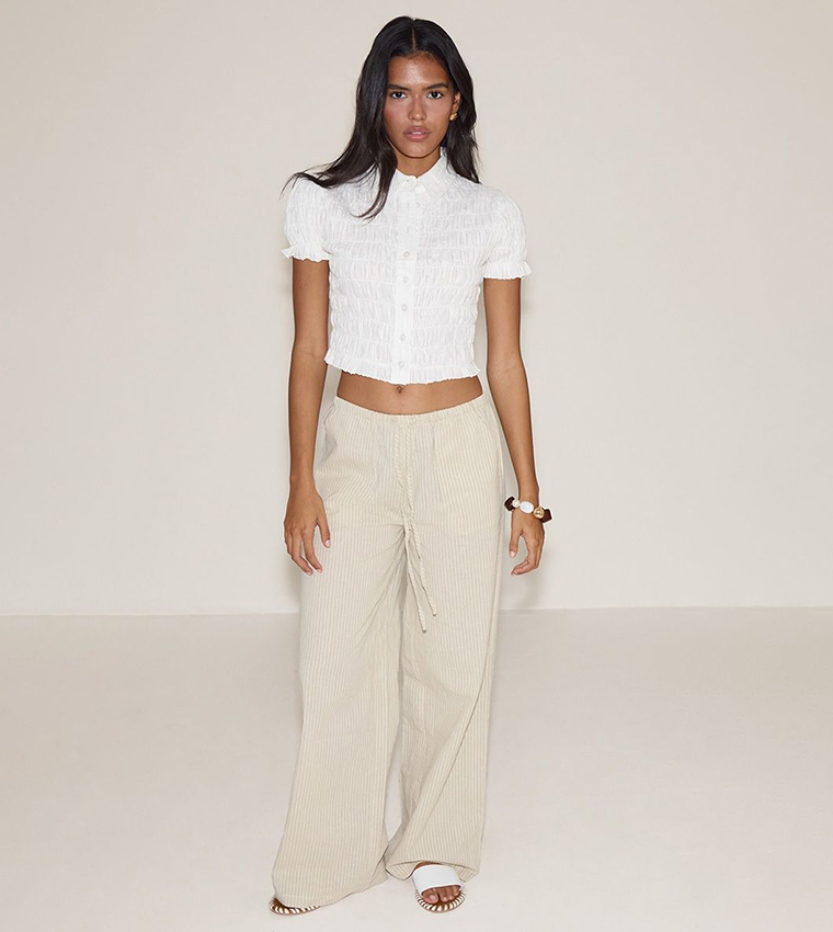 Stripe Cotton Drawstring Waist Mid Rise Trousers