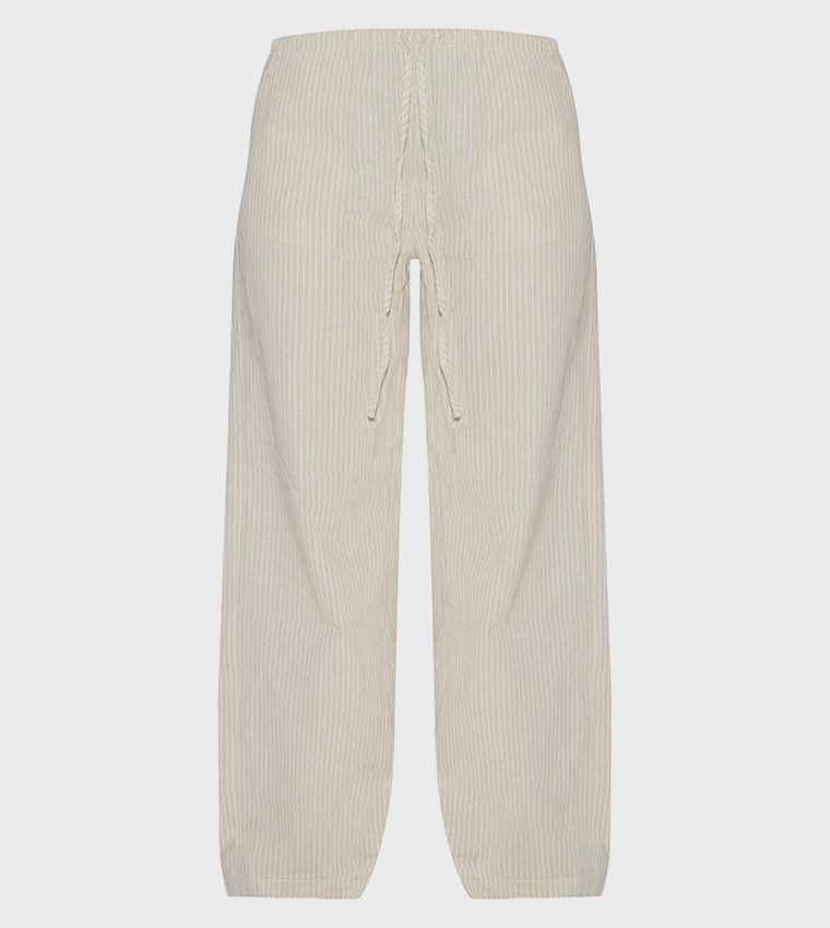 Stripe Cotton Drawstring Waist Mid Rise Trousers