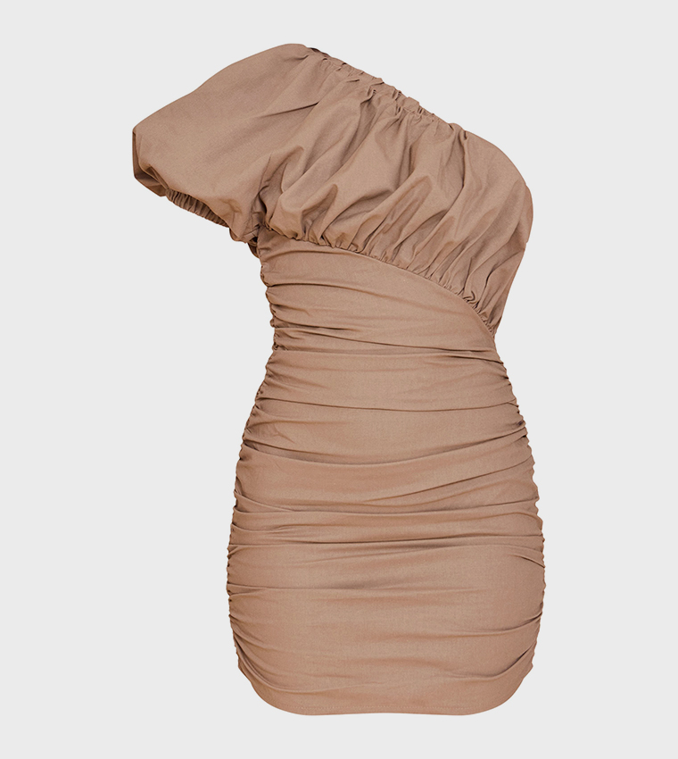 Linen-Blend One Shoulder Bodycon Dress