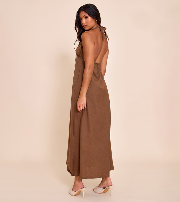 Solid Plunge Halterneck Maxi Dress