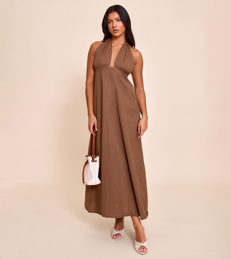 Solid Plunge Halterneck Maxi Dress