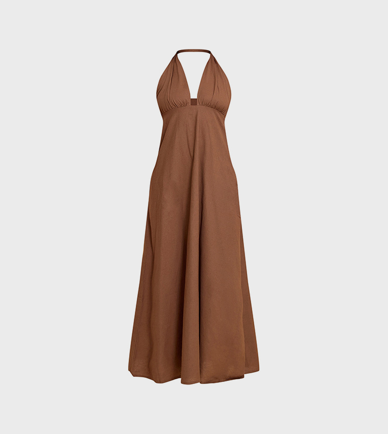 Solid Plunge Halterneck Maxi Dress