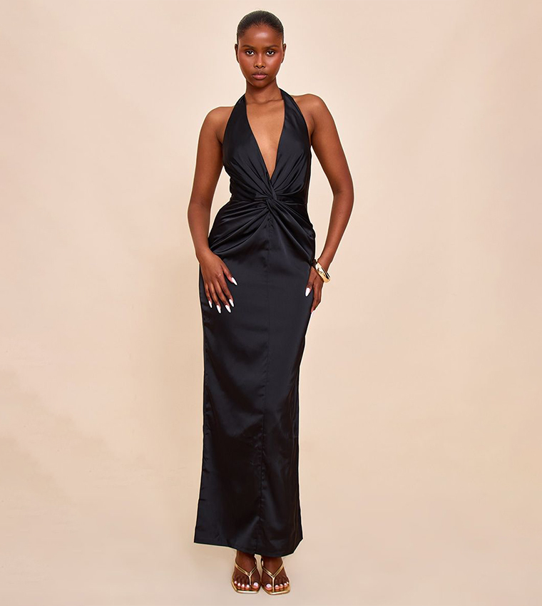 Bridesmaid Satin Twist Detail Halterneck Maxi Dress