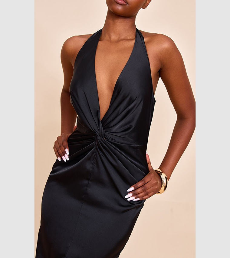 Bridesmaid Satin Twist Detail Halterneck Maxi Dress