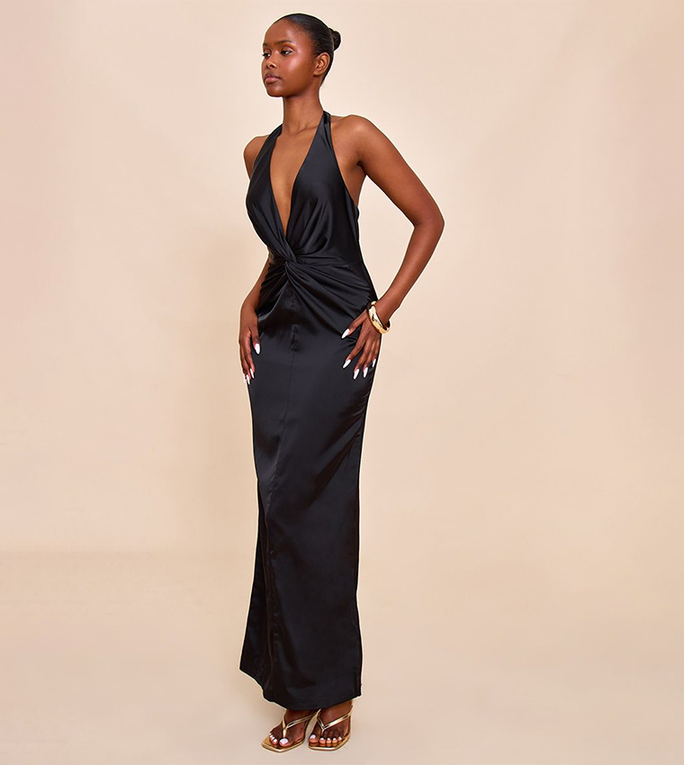 Bridesmaid Satin Twist Detail Halterneck Maxi Dress
