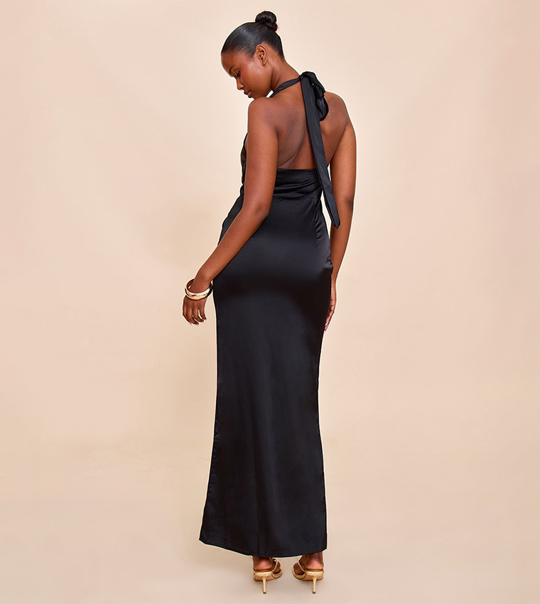 Bridesmaid Satin Twist Detail Halterneck Maxi Dress