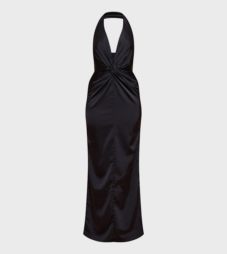 Bridesmaid Satin Twist Detail Halterneck Maxi Dress