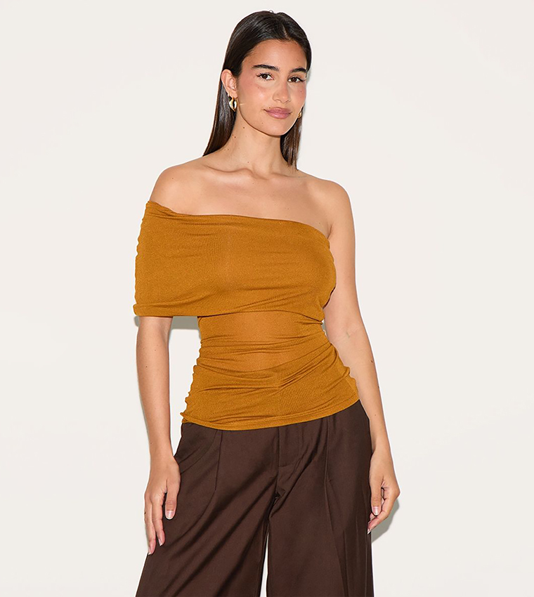 Sheer Soft Touch Fold Over Detail One Shoulder Top