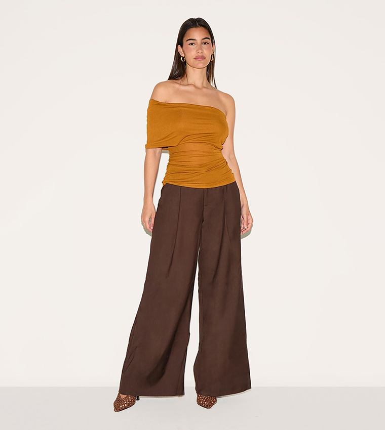 Sheer Soft Touch Fold Over Detail One Shoulder Top