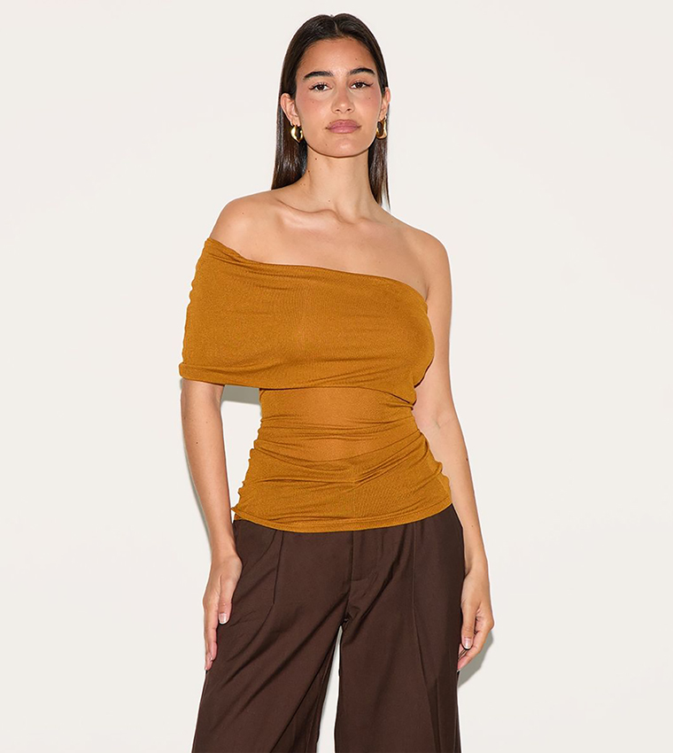 Sheer Soft Touch Fold Over Detail One Shoulder Top