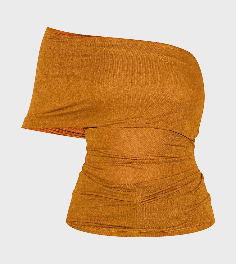 Sheer Soft Touch Fold Over Detail One Shoulder Top