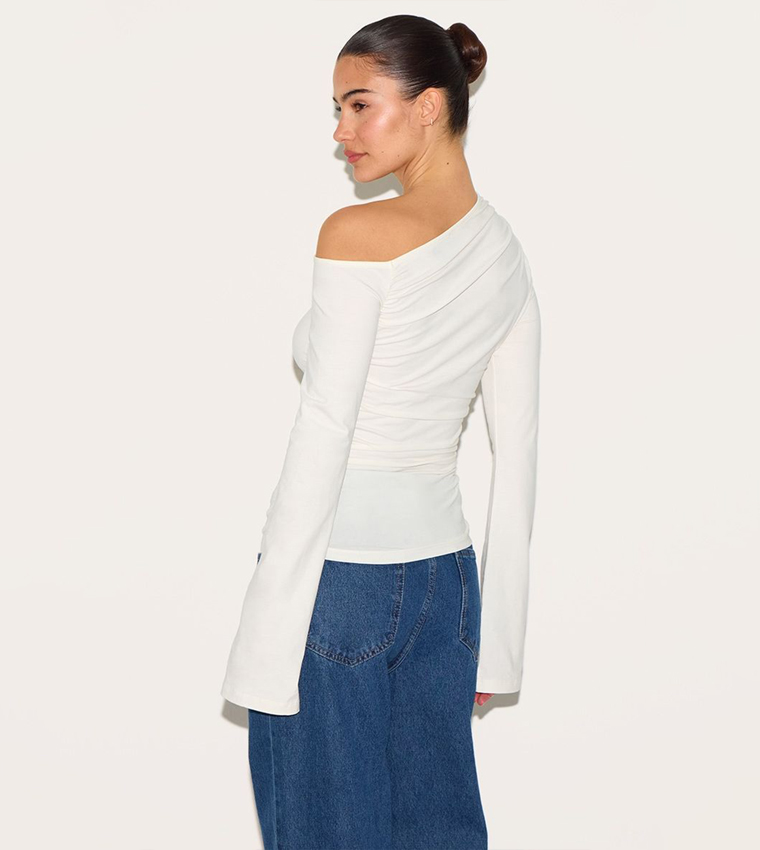 Asymmetric Ruched Flared Sleeves Top
