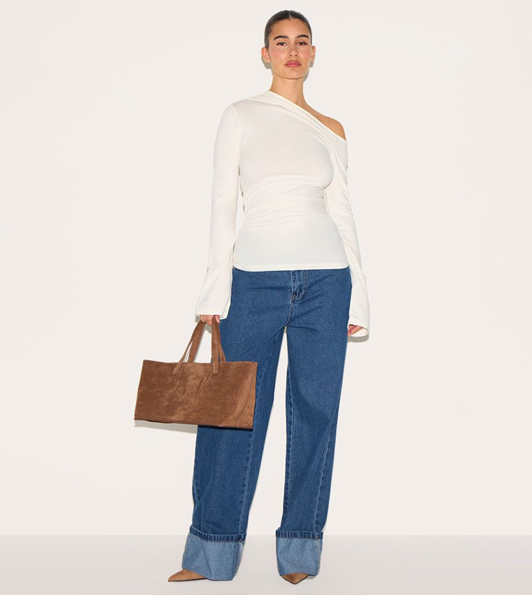 Asymmetric Ruched Flared Sleeves Top