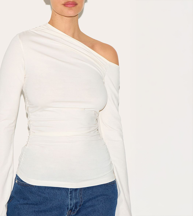 Asymmetric Ruched Flared Sleeves Top