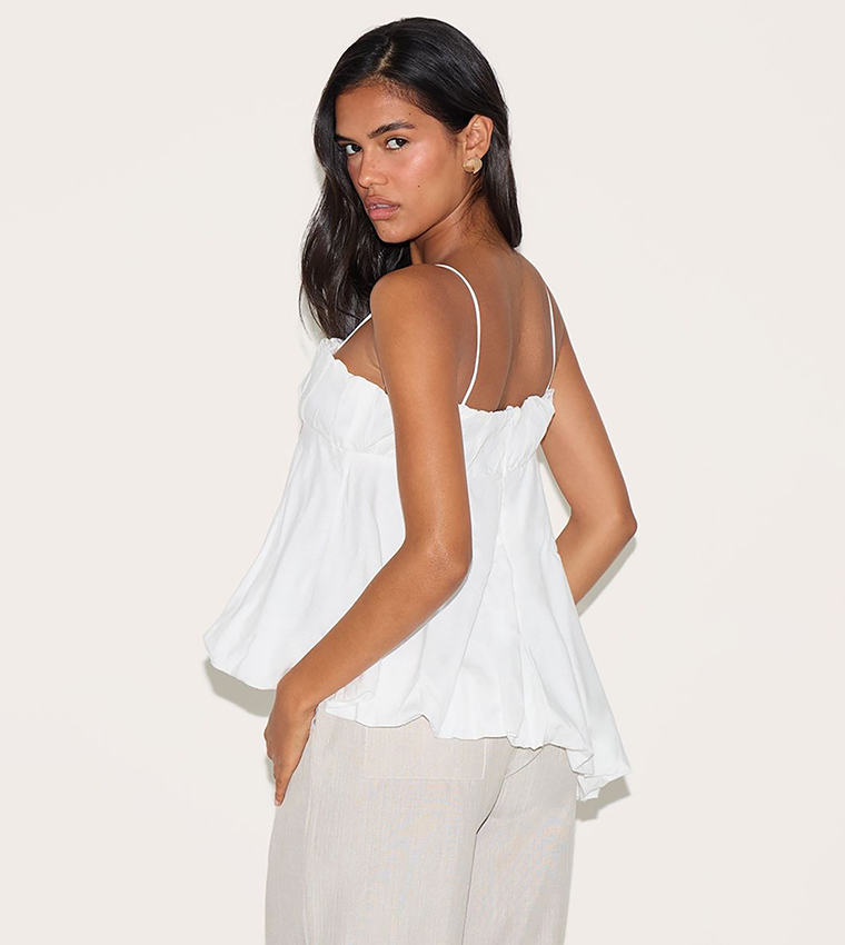 Linen Blend Puff Ball Asymmetric Cami Top