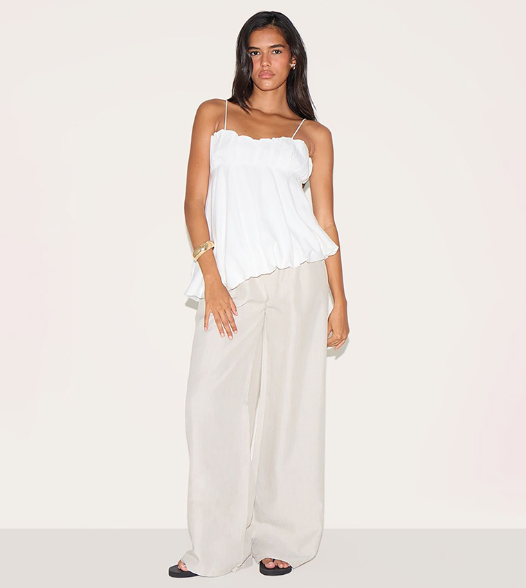 Linen Blend Puff Ball Asymmetric Cami Top