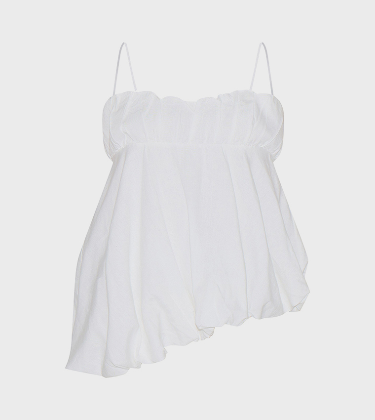 Linen Blend Puff Ball Asymmetric Cami Top