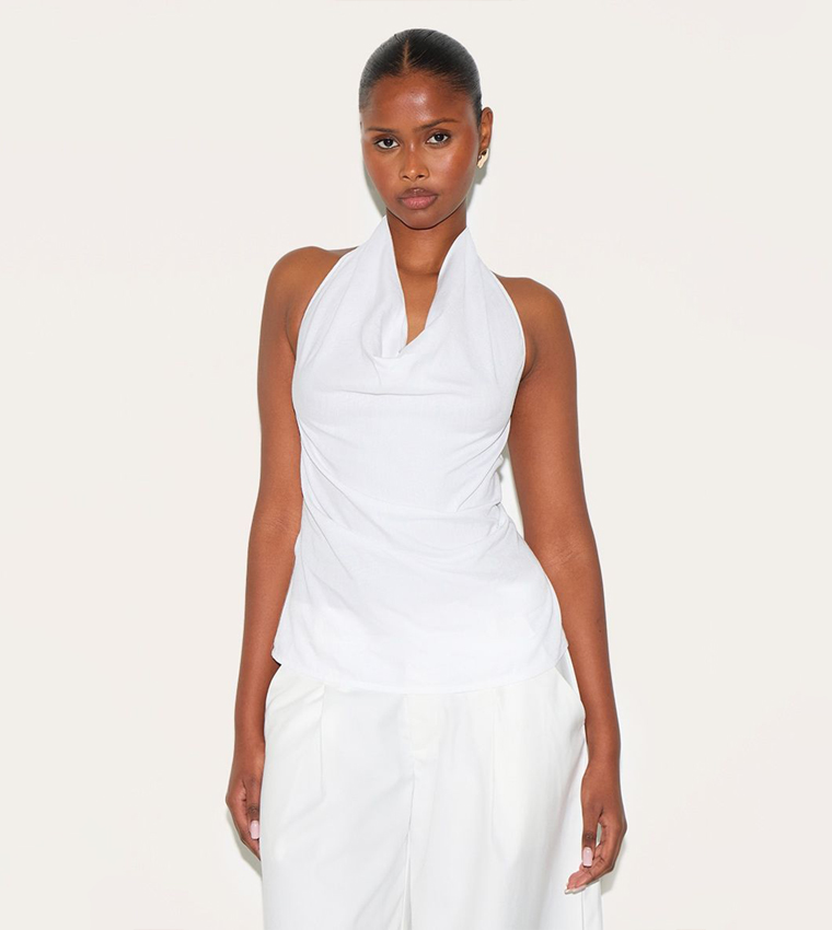 Linen Blend Cowl Neck Backless Top