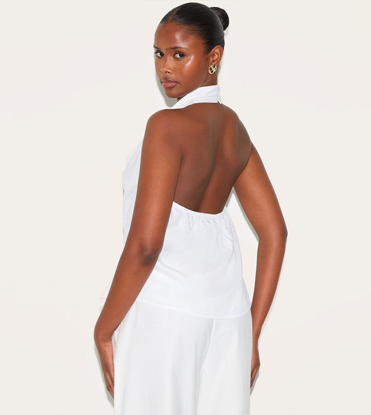Linen Blend Cowl Neck Backless Top
