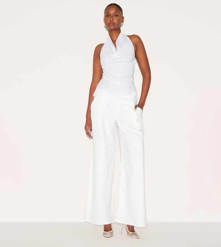 Linen Blend Cowl Neck Backless Top