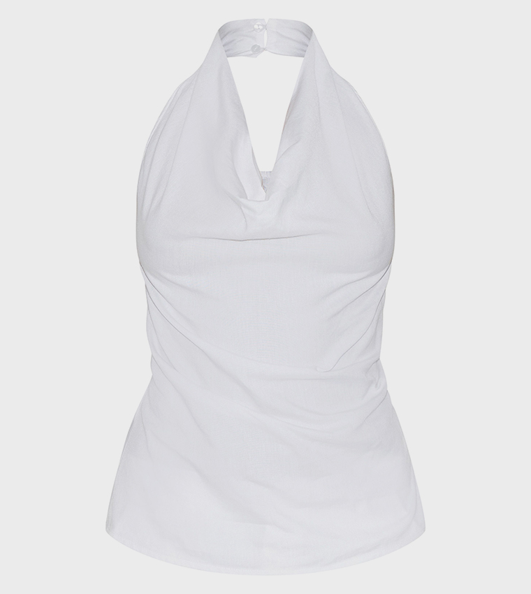 Linen Blend Cowl Neck Backless Top