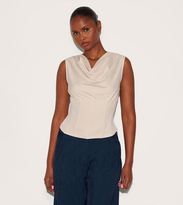 Solid Cowl Neck Corset Sleeveless Top