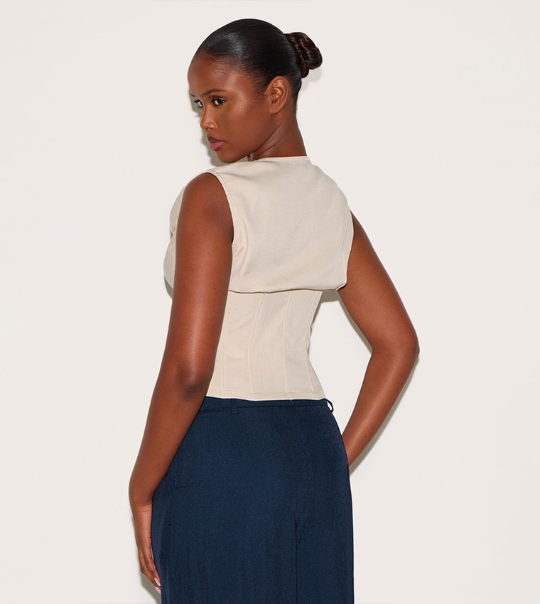 Solid Cowl Neck Corset Sleeveless Top