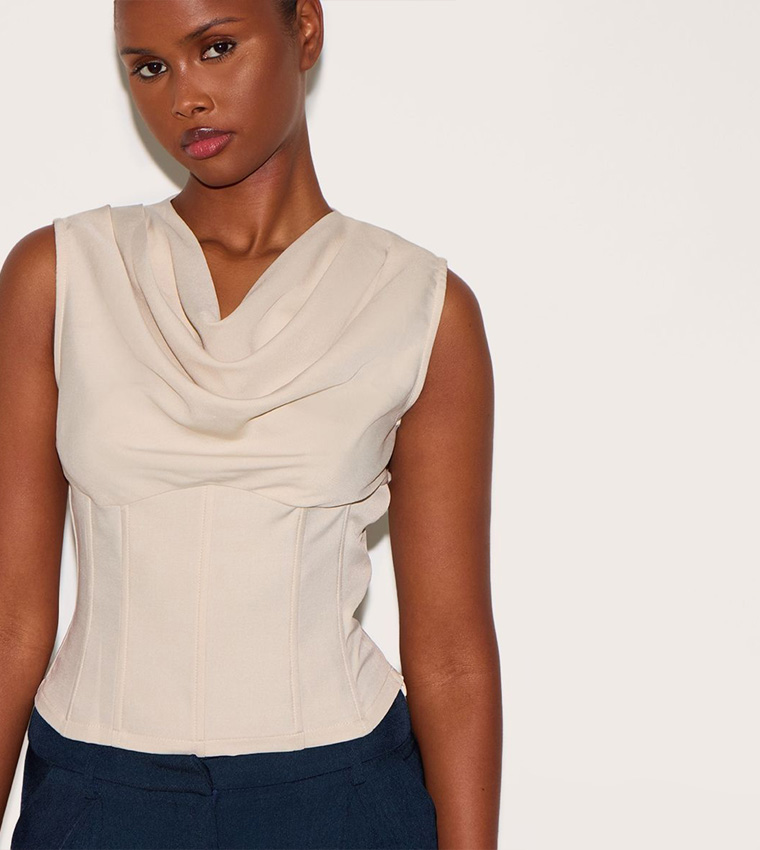 Solid Cowl Neck Corset Sleeveless Top
