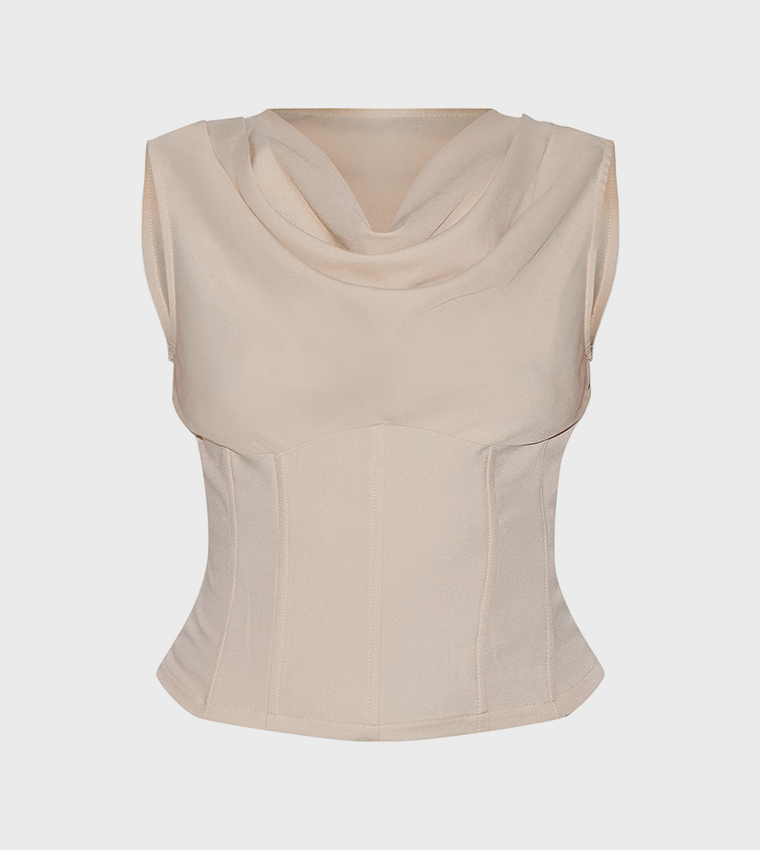 Solid Cowl Neck Corset Sleeveless Top