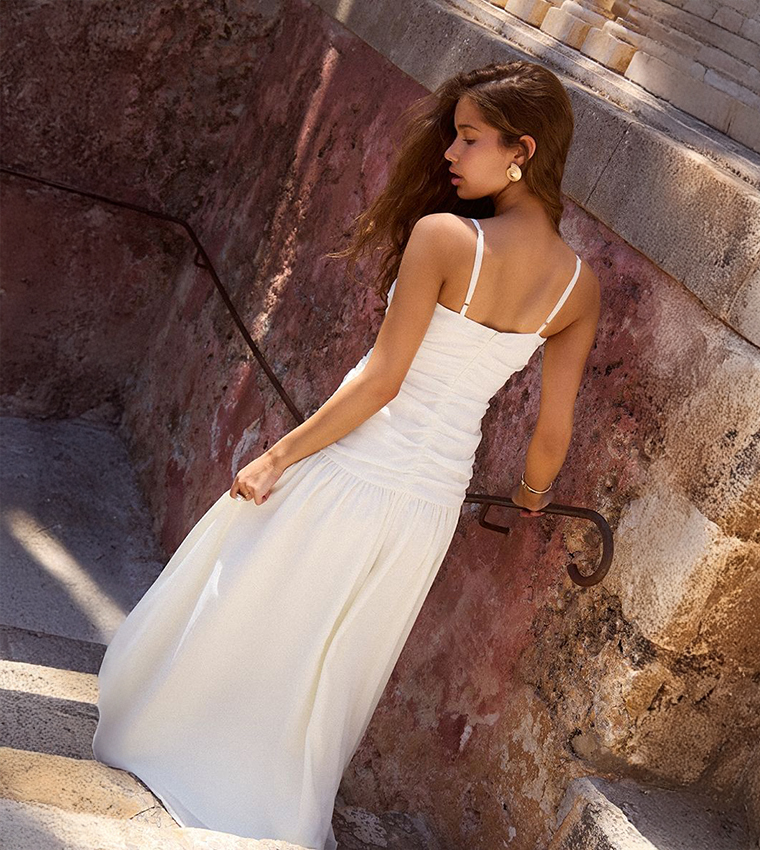 Chiffon Ruched Dropped Waist Maxi Dress