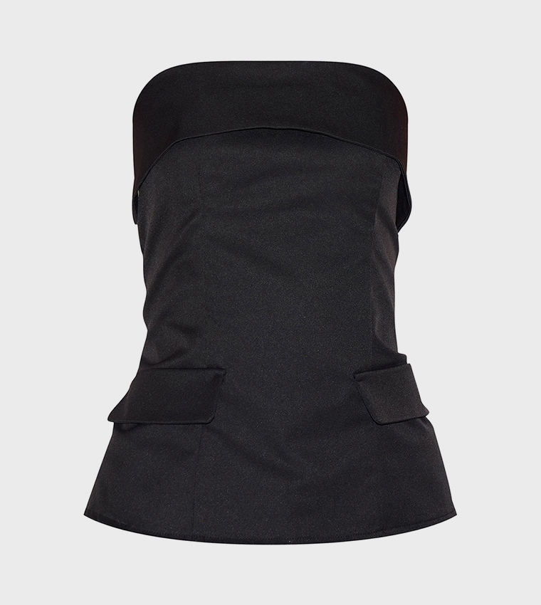 Pocket Detail Foldover Strapless Top