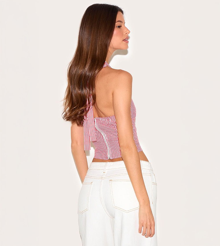 Striped Halterneck Dip Hem Crop Top