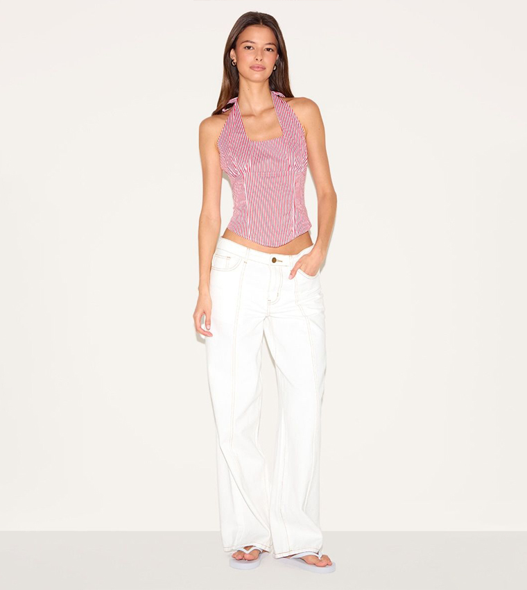 Striped Halterneck Dip Hem Crop Top