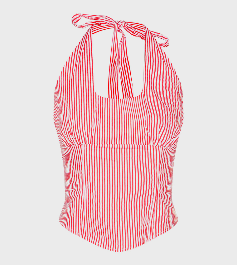 Striped Halterneck Dip Hem Crop Top