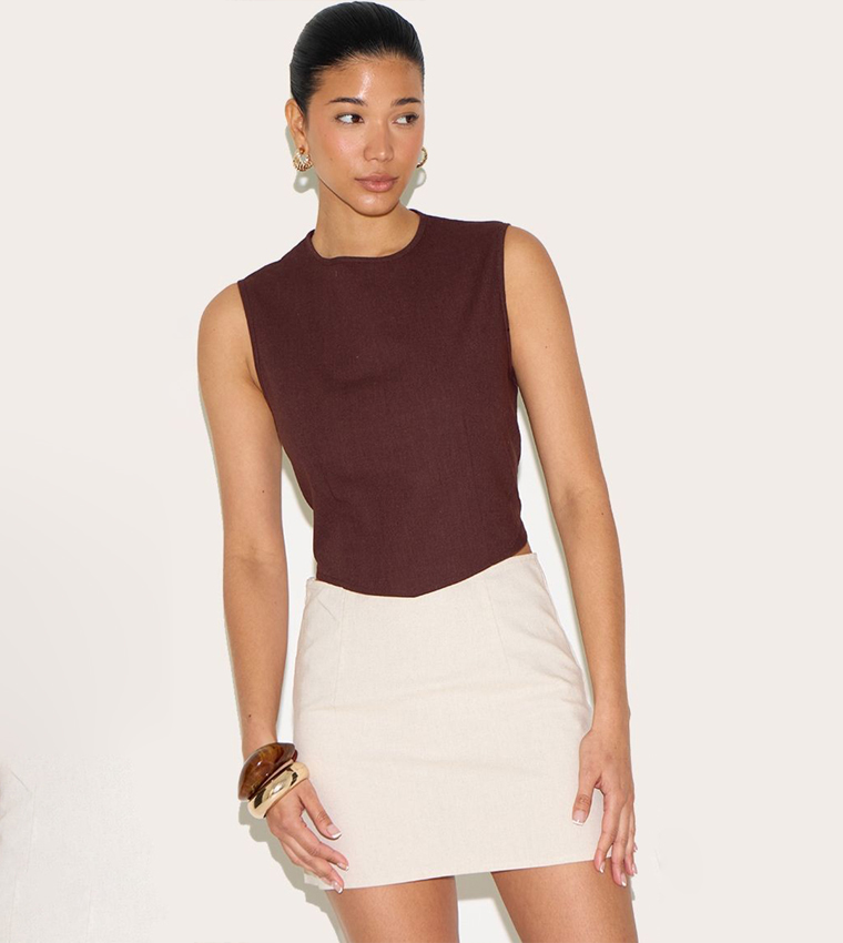 Linen Look Boxy Pointed Hem Crop Top