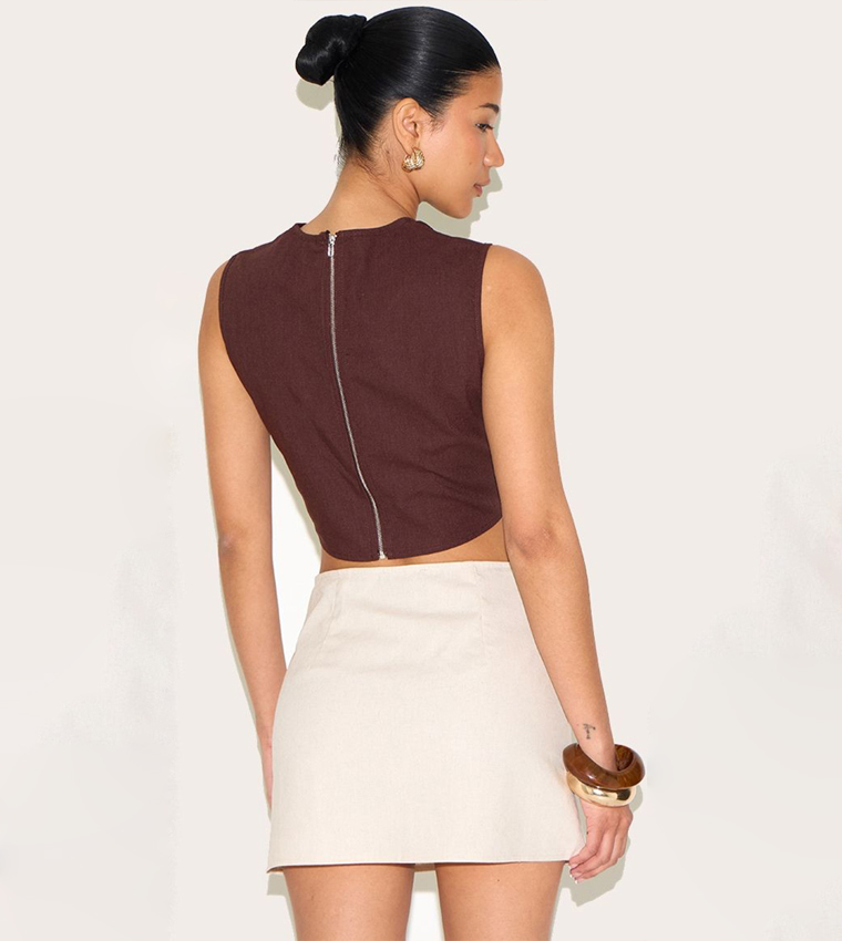Linen Look Boxy Pointed Hem Crop Top