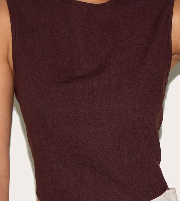 Linen Look Boxy Pointed Hem Crop Top