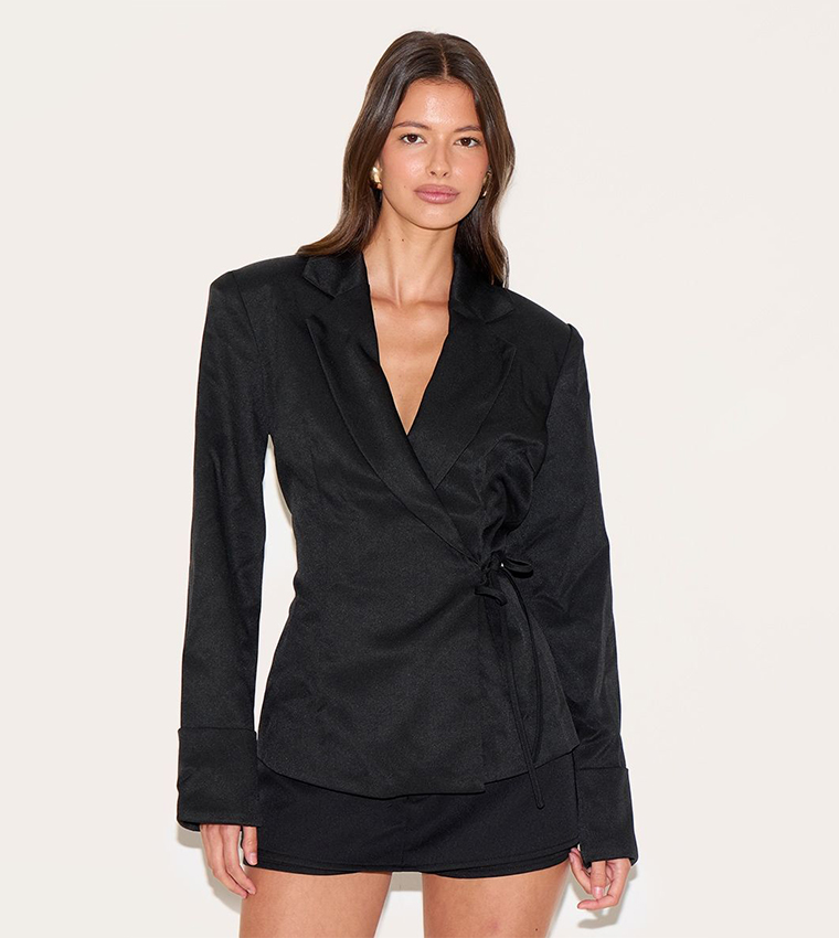 Solid Long Sleeves Tie Side Blazer