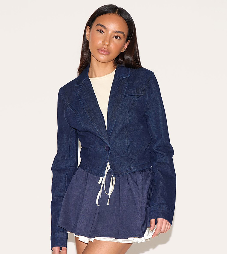 Petite Cropped Cinched Waist Denim Jacket