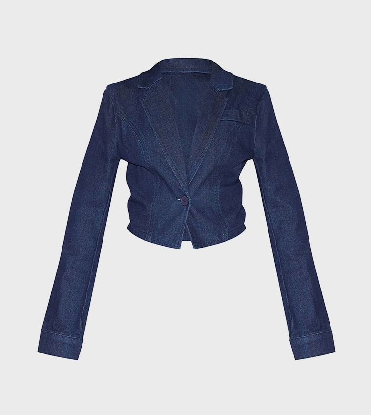 Petite Cropped Cinched Waist Denim Jacket