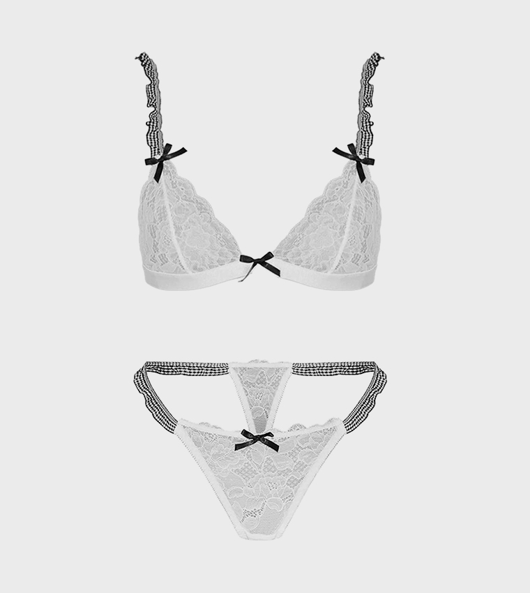 Lace Gingham Trim Triangle Lingerie Set