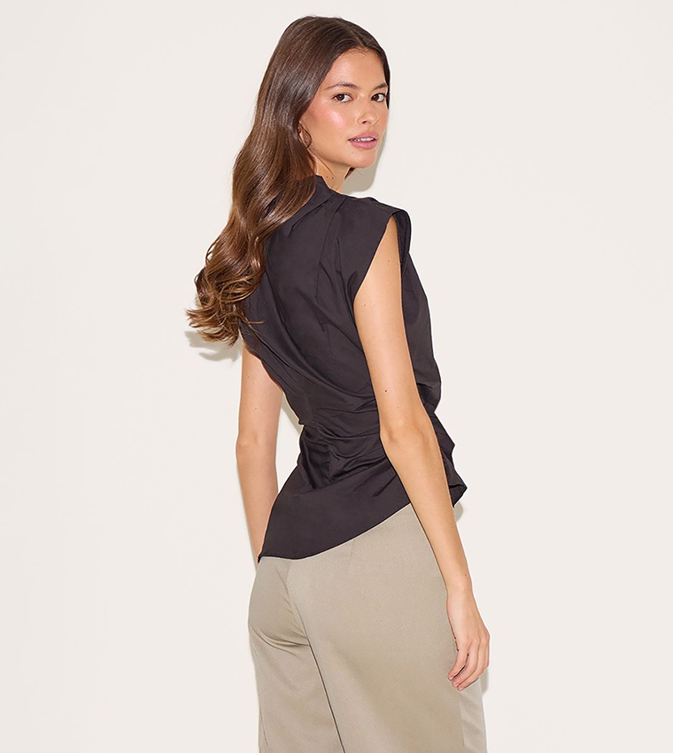 Woven Shoulder Detail Asymmetric Hem Long Top
