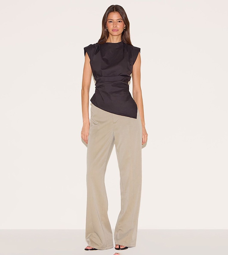 Woven Shoulder Detail Asymmetric Hem Long Top