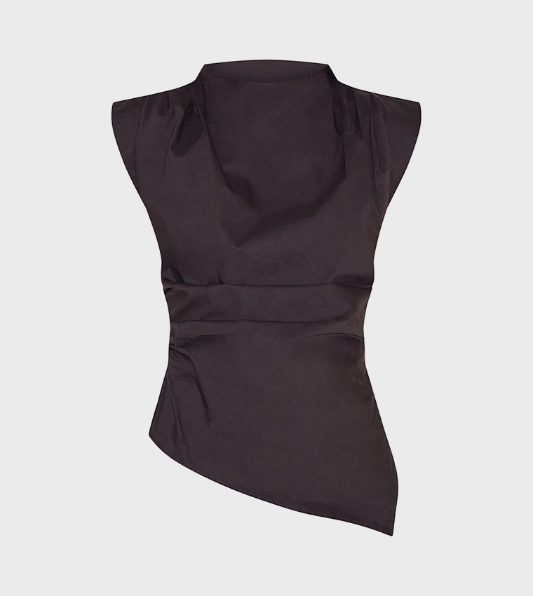 Woven Shoulder Detail Asymmetric Hem Long Top
