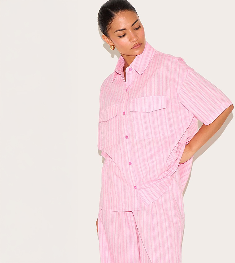 Petite Pinstriped Oversized Short Sleeves Shirt